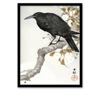 Artery8 Ohara Koson Framed Wall Art Print A Crow & The Full Moon in Grey | Size: A3 Artery8 Grey A3