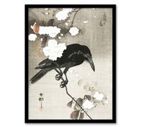 Artery8 Ohara Koson Framed Wall Art Print Crow With Cherry Blossom Flowers in Grey | Size: A4 Artery8 Grey A4