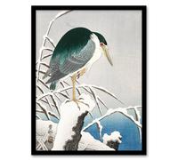 Artery8 Ohara Koson Framed Wall Art Print Heron In Snow Vintage Bird Ukiyoe in Green | Size: A3 Artery8 Green A3