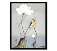 Artery8 Ohara Koson Framed Wall Art Print Kingfisher With Lotus Flower in Grey | Size: A3 Artery8 Grey A3