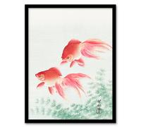 Artery8 Ohara Koson Framed Wall Art Print Two Veiltail Goldfish in Pond in Pink | Size: A4 Artery8 Pink A4