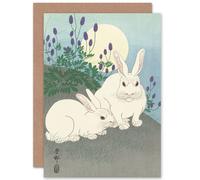 Artery8 Ohara Koson Rabbits Full Moon Japan Woodcut Fine Art Greetings Card in Light Blue Artery8 Light Blue