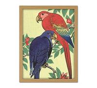 Artery8 Ohara Koson Red And Blue Parrot Japanese Painting Artwork Framed Wall Art Print 18X24 Inch