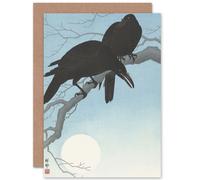 Artery8 Ohara Koson Two Crows Tree Branch Japan Woodcut Fine Art Greetings Card in Light Blue Artery8 Light Blue