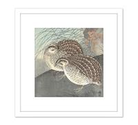 Artery8 Ohara Koson Two Quail Full Moon Japan Painting 8X8 Inch Square Wooden Framed Wall Art Print Picture with Mount in White Artery8 White