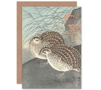 Artery8 Ohara Koson Two Quail Full Moon Japan Painting Fine Art Greetings Card in Grey Artery8 Grey