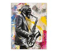 Old Saxophone Player Portrait Street Art Graffiti Wall Art Print Artery8 Multi W24 inch x H32 inch
