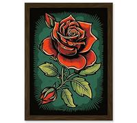 Artery8 Old School USA Tattoo Ink Body Art Blooming Rose Rockabilly Americana 50s Artwork Framed Wall Art Print A4