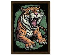 Artery8 Old School USA Tattoo Ink Body Art Ferocious Tiger Rockabilly Americana 50s Artwork Framed Wall Art Print A4