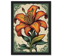 Artery8 Old School USA Tattoo Ink Body Art Orange Lily Rockabilly Americana 50s Artwork Framed A3 Wall Art Print