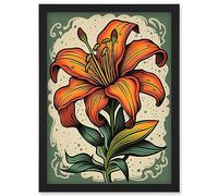 Artery8 Old School USA Tattoo Ink Body Art Orange Lily Rockabilly Americana 50s Artwork Framed Wall Art Print A4