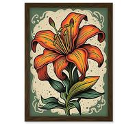 Artery8 Old School USA Tattoo Ink Body Art Orange Lily Rockabilly Americana 50s Artwork Framed Wall Art Print A4