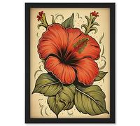 Artery8 Old School USA Tattoo Ink Body Art Red Hibiscus Rockabilly Americana 50s Artwork Framed A3 Wall Art Print