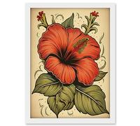 Artery8 Old School USA Tattoo Ink Body Art Red Hibiscus Rockabilly Americana 50s Artwork Framed A3 Wall Art Print