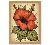Artery8 Old School USA Tattoo Ink Body Art Red Hibiscus Rockabilly Americana 50s Artwork Framed A3 Wall Art Print