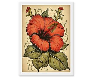 Artery8 Old School USA Tattoo Ink Body Art Red Hibiscus Rockabilly Americana 50s Artwork Framed A3 Wall Art Print