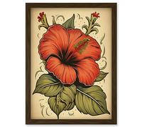 Artery8 Old School USA Tattoo Ink Body Art Red Hibiscus Rockabilly Americana 50s Artwork Framed Wall Art Print A4