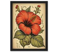 Artery8 Old School USA Tattoo Ink Body Art Red Hibiscus Rockabilly Americana 50s Artwork Framed Wall Art Print A4