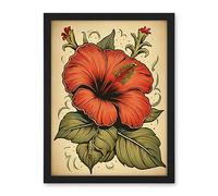 Artery8 Old School USA Tattoo Ink Body Art Red Hibiscus Rockabilly Americana 50s Artwork Framed Wall Art Print 18X24 Inch
