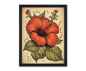 Artery8 Old School USA Tattoo Ink Body Art Red Hibiscus Rockabilly Americana 50s Artwork Framed Wall Art Print 18X24 Inch