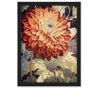 Artery8 Orange Dahlia Flower Watercolour Illustration Artwork Framed A3 Wall Art Print