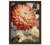 Artery8 Orange Dahlia Flower Watercolour Illustration Artwork Framed Wall Art Print A4