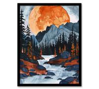 Artery8 Orange Harvest Moon Over Rocky Mountains Forest Living Room Artwork Framed Wall Art Print A4