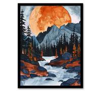 Artery8 Orange Harvest Moon Over Rocky Mountains Forest Wall Art Print - A4 Size