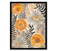 Artery8 Framed Wall Art Orange Marigold Flowers Abstract Floral Design Print - 12X16 Inch