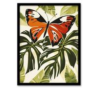 Orange Monarch Butterfly on Monstera Plant Design Framed Art Print Artery8 Green A4