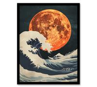 Orange Moon Over Japanese Ocean Waves Artwork Framed Art Print Artery8 Orange A4