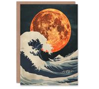 Artery8 Orange Moon Over Japanese Ocean Waves Artwork Greeting Card Birthday Artery8 Orange