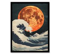 Orange Moon Over Japanese Ocean Waves Artwork Framed Art Print Artery8 Orange A4
