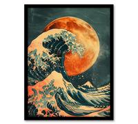 Orange Moon Traditional Japanese Waves Artwork Framed Art Print Artery8 Orange W12 inch x H16 inch