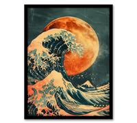 Artery8 Orange Moon Traditional Japanese Waves Artwork Living Room Bathroom Artwork Framed Wall Art Print 18X24 Inch