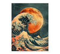 Artery8 Orange Moon Traditional Japanese Waves Artwork Living Room Bathroom Extra Large XL Wall Art Poster Print