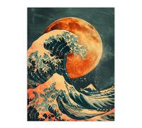 Orange Moon Traditional Japanese Waves Artwork Wall Art Print Artery8 Orange W24 inch x H32 inch