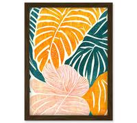 Artery8 Orange Pastel Pink Green Monstera Plant Leaf Boho Linocut Illustration Artwork Framed Wall Art Print A4 in Brown Artery8 Brown