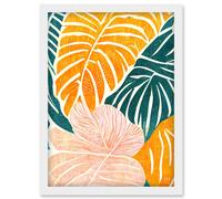 Doppelganger33 LTD Orange Pastel Pink Green Monstera Plant Leaf Boho Linocut Illustration Artwork Framed Wall Art Print A4