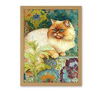 Artery8 Orange Persian Cat William Morris Inspired Floral Pattern Colourful Modern Illustration Artwork Framed Wall Art Print 18X24 Inch