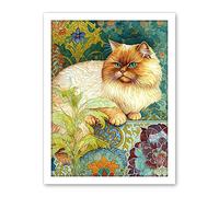Artery8 Orange Persian Cat William Morris Inspired Floral Pattern Colourful Modern Illustration Artwork Framed Wall Art Print 18X24 Inch
