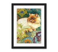 Artery8 Orange Persian Cat William Morris Inspired Floral Pattern Colourful Modern Illustration Artwork Framed Wall Art Print 18X24 Inch