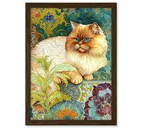 Artery8 Orange Persian Cat William Morris Inspired Floral Pattern Colourful Modern Illustration Artwork Framed A3 Wall Art Print