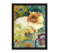 Artery8 Orange Persian Cat William Morris Inspired Floral Pattern Colourful Modern Illustration Artwork Framed Wall Art Print 18X24 Inch