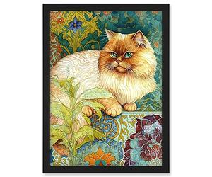 Artery8 Orange Persian Cat William Morris Inspired Floral Pattern Colourful Modern Illustration Artwork Framed A3 Wall Art Print