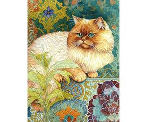 Artery8 Orange Persian Cat William Morris Inspired Floral Pattern Colourful Modern Illustration Extra Large XL Wall Art Poster Print