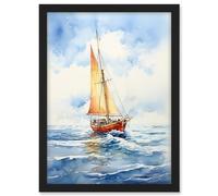 Artery8 Orange Sailing Boat Watercolour Painting Bathroom Artwork Sail at Sea Seascape Artwork Framed A3 Wall Art Print