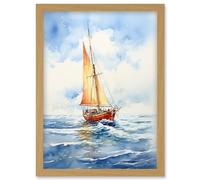 Artery8 Orange Sailing Boat Watercolour Painting Bathroom Artwork Sail at Sea Seascape Artwork Framed Wall Art Print A4