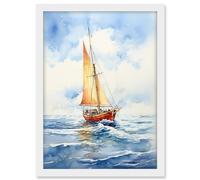 Artery8 Orange Sailing Boat Watercolour Painting Bathroom Artwork Sail at Sea Seascape Artwork Framed A3 Wall Art Print
