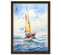 Artery8 Orange Sailing Boat Watercolour Painting Bathroom Artwork Sail at Sea Seascape Artwork Framed Wall Art Print A4